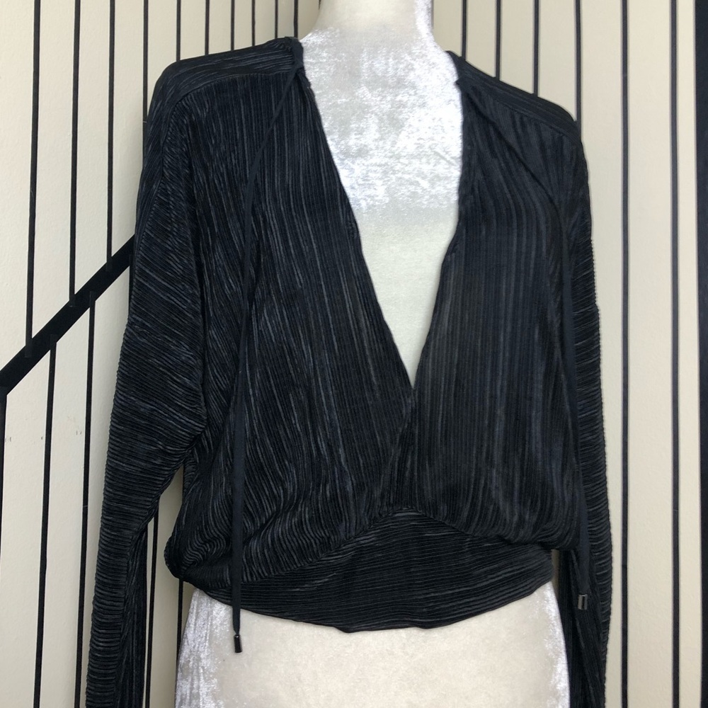 ZARA deep V Black pleated long sleeve blouse